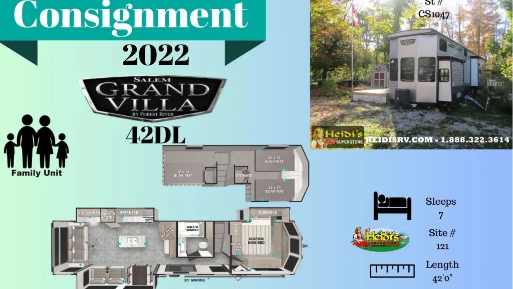 IMAGE OF THE TRAILER FLOOR PLAN, FEATURING A FRONT BEDROOM WITH SLIDE, LOFT AREA ABOVE MASTER BEDROOM, ISLAND KITCHEN